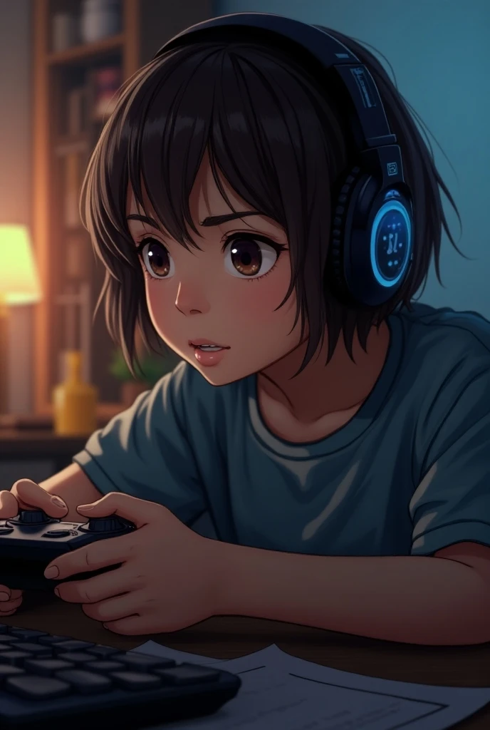 A young girl wearing headphones with short hair brown eyes plying bgmi