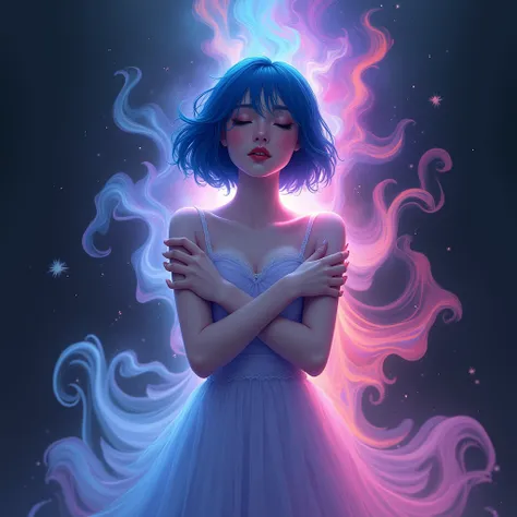 Create a girl with short blue hair and closed eyes, posed gracefully with their arms crossed in front of them. Their form appears to dissolve and blend into swirling, fluid shapes in hues of pink, purple, and blue, giving a sense of transformation or mergi...