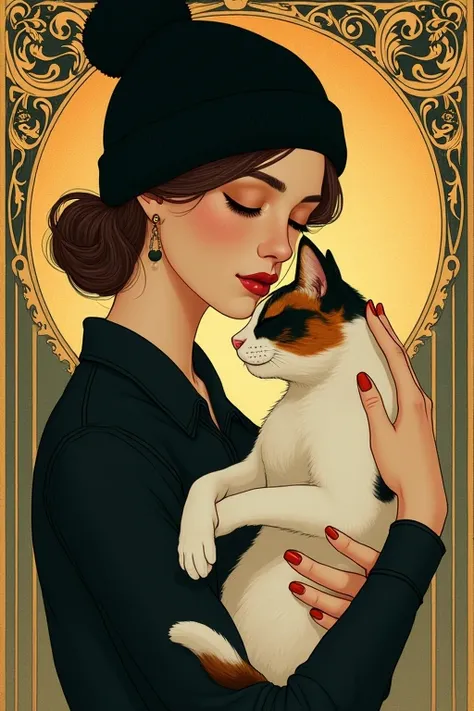 Mucha-style, woman wearing a black knit cap and black collared shirt, cradling a calico cat, eyes closed, with a loving expression, elaborate decorative background.