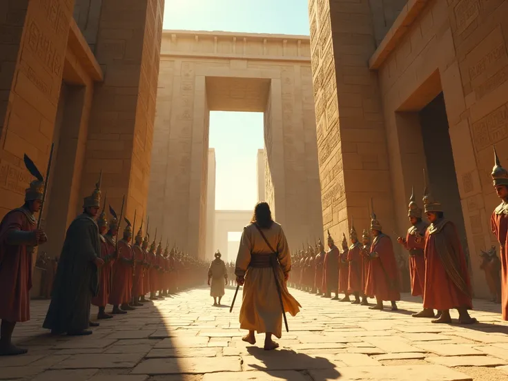 "Joseph, tired and dusty ,  entering the gates of ancient Egypt ,  surrounded by imposing stone structures and soldiers on guard."