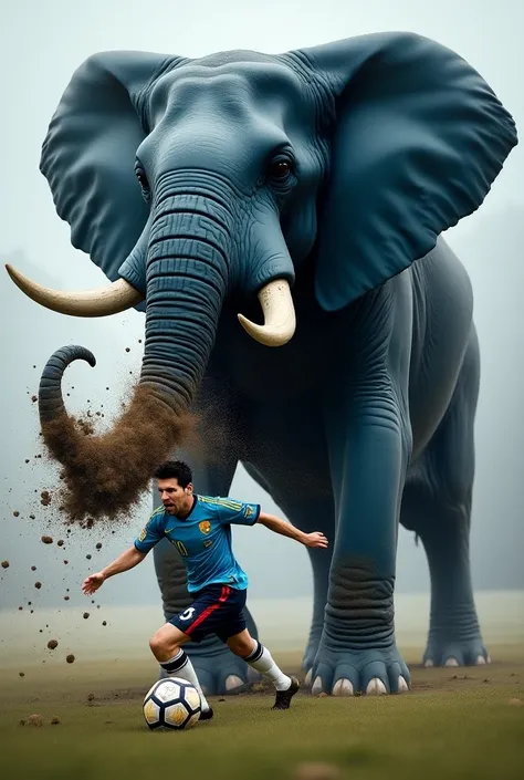 Make an angry blue elephant throwing poop at Messi 