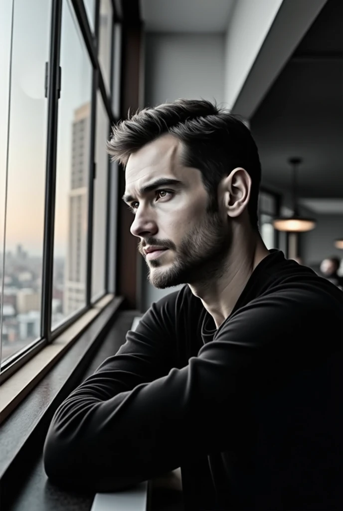 photo of a man,  realistic, a man looks out the window at the city, ,  A handsome man , Adam Sentpetery , Alexander Fedosav, Raphael Lecoste, attractive man,  handsome masculine , beautiful and attractive,  Adam Marchinsky  ,  medium plan portrait ,  sharp...