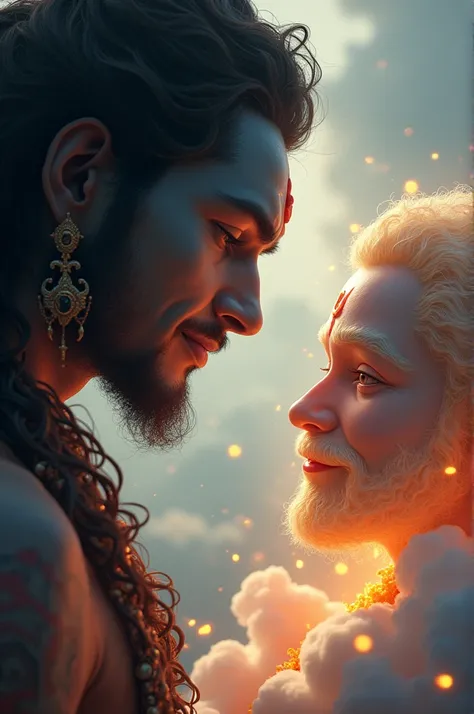 Shivs Eternal Love for Ram"
Prompt: "High-definition close-up of Mahadev looking lovingly at a glowing portrait of Lord Ram, with a tear of joy in his eye. The background features soft clouds and celestial motifs, enhancing the emotional depth."