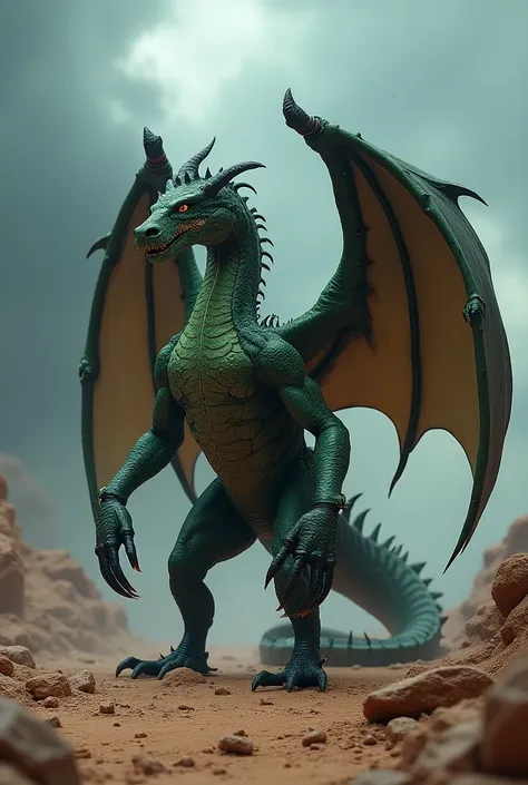 "A majestic and fierce creature that is a hybrid of a dragon and a scorpion, standing in a rocky desert landscape under a dark, stormy sky. The creature has the large, scaled body of a dragon with powerful, muscular legs, covered in deep emerald green and ...