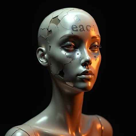 Close-up of an abstract mannequin face on a black background with a smooth, featureless surface (no eyes, nose, or mouth). The face is fragmented with metallic and translucent textures, giving it a futuristic, deconstructed look. The word each is boldly di...