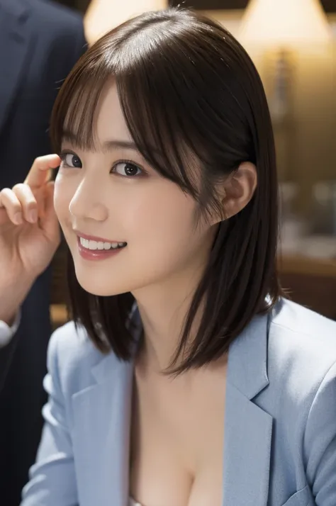 a beautiful japanese woman teacher in her 30s, ((large breasts)), ((breasts larger than face)), ((huge breasts)), looking directly at camera, teeth showing while smiling, ((wearing business suit)), in a school classroom, full body shot, (best quality,4k,8k...