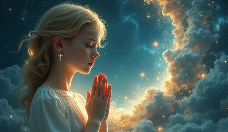 A beautiful blonde girl 13yo, in left side, wearing cross earrings,feeling sad while praying and elegantly wrapping around her hands in a prayer position, hands raised in worship, tears glistening on her cheeks sitting Picture a figure whose essence is int...