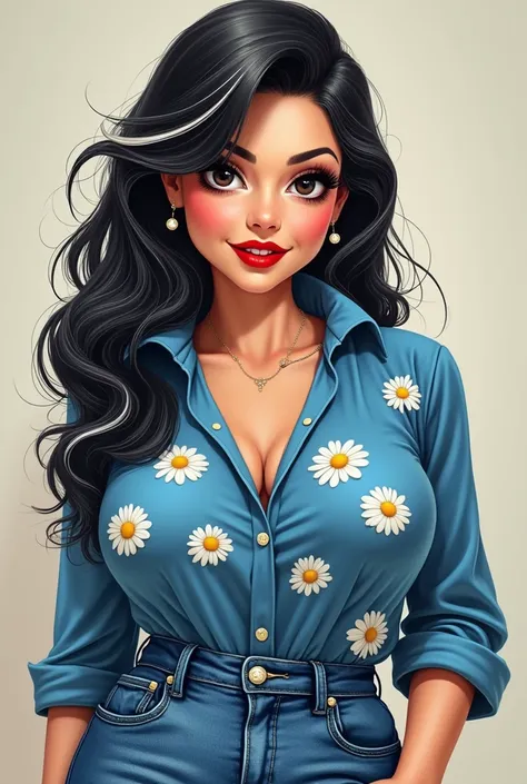 Women, Chiquita, chubby , white, cabello negro con mechas whites, jeans, blusa azul con margaritas whites , prominent red lips  ,  long eyelashes , oval face 