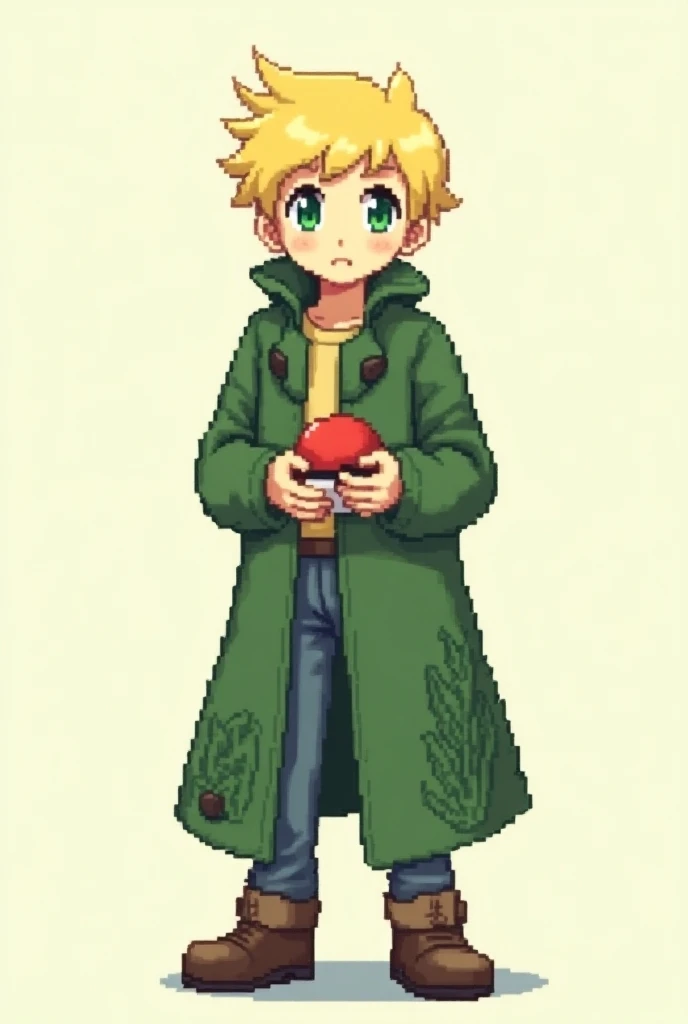 A pixel art of a blond green-eyed character in the style of Pokémon black 
And hes a young adult
The image is full body and he is holding a Pokébola
He wears a long green coat with a drawn plant 