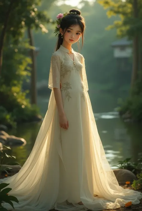 Create an image of a Vietnamese girl wearing a traditional long dress
