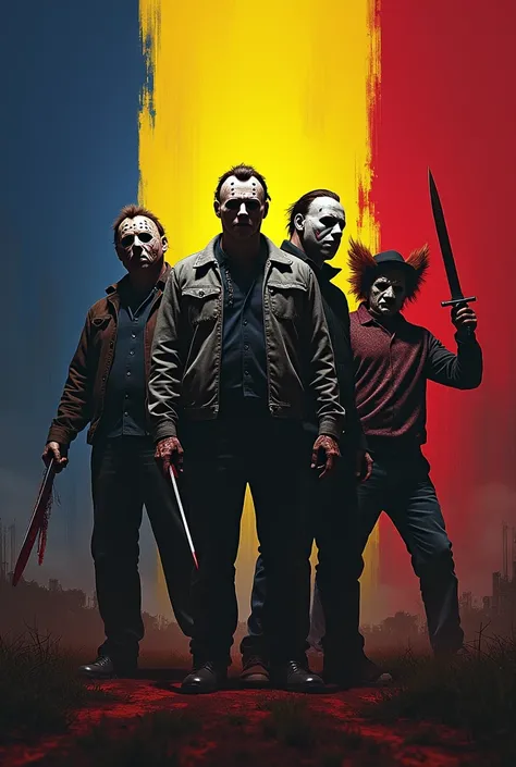 Jason voorhees  and leatherface  vs Michael Myers  and Freddy krueger  vs Ghostface  and Art the Clow and flag Romania 