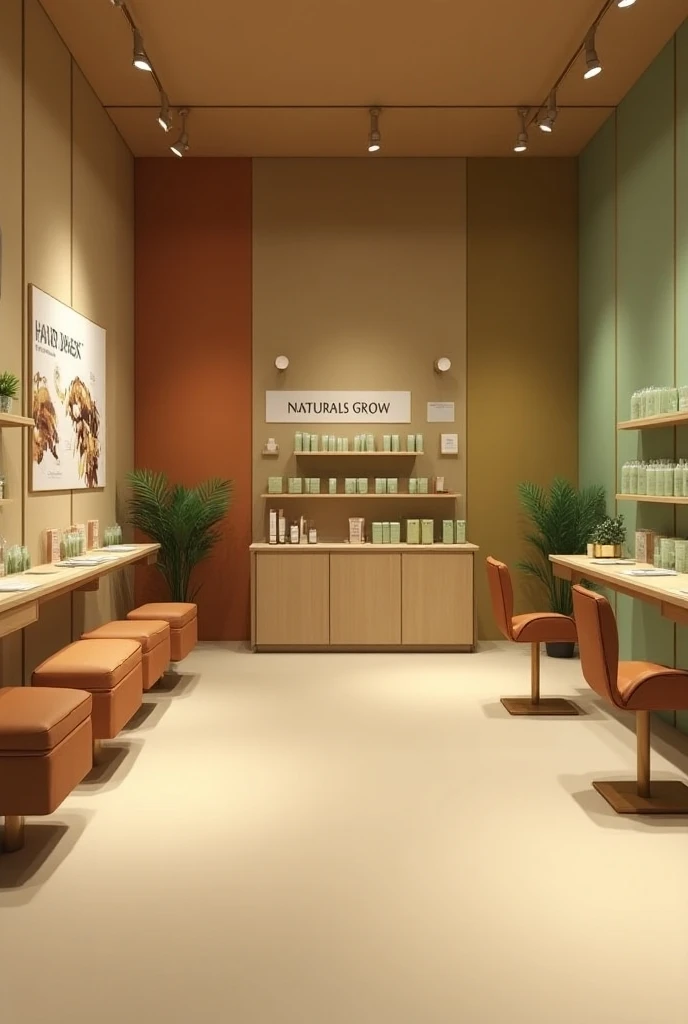  create a place / is used business that sells a hair mask called  " Natural Grow "  for me where the following color range  
# 9da37a 
#3b784 
# f4e8b64 
# dde5de
In the middle there must be a gondola and desks attached to the wall, , there should be no ch...