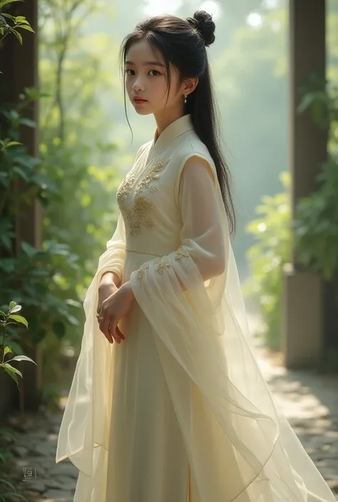 Create an image of a Vietnamese girl wearing a traditional long dress
