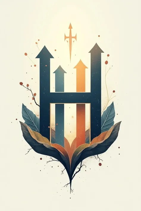 Letter H with up arrows ,  motivation written at the bottom in a stylish way with a background inspired by spiritual elevation 