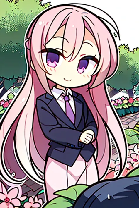 Perfect face. Perfect hands. A handsome pink haired man with violet eyes and long hair in a suit is smiling while picking flowers in the garden