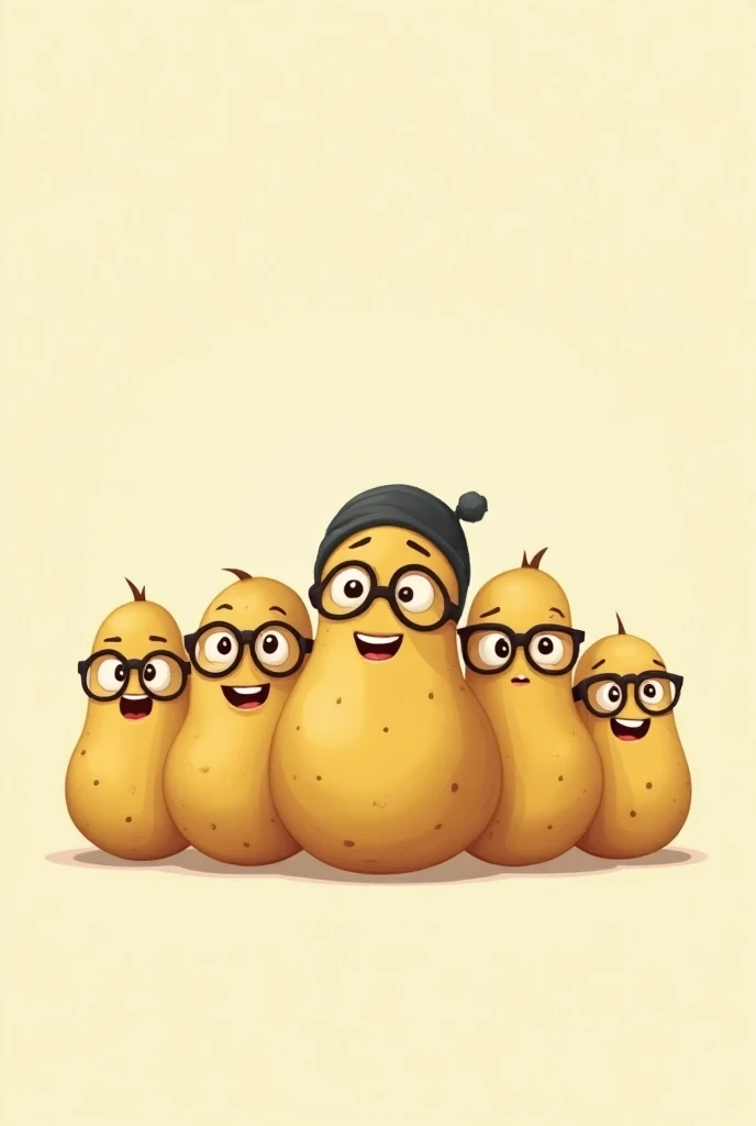 Five potato cartoons with faces one is hijabi potato , don’t make the hijabi potato stand out . It should be same as all the other potatoes only difference shoudl be presence of a hijab . Make all potatoes same size . Also give four of potatoes glasses 