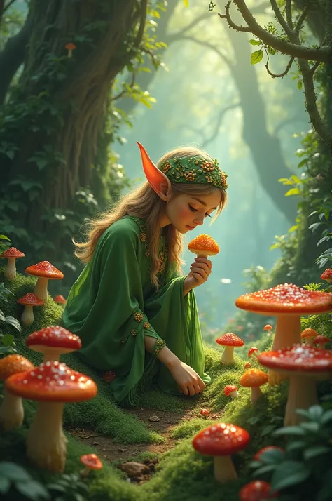 An elf wearing a green costume is collecting some mushrooms deep inside a forest 