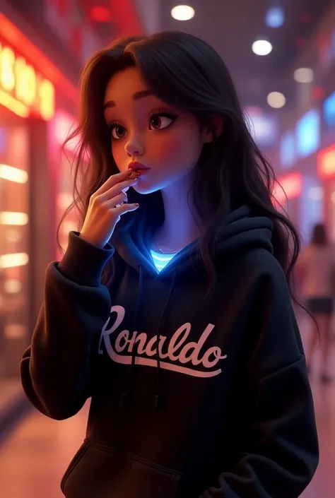 Disney Pixar 3D style, a beautiful girl with long hair in a shiny black hoodie faces a store in the mall eats "Dime", inside the hoodie with lights, blue, with text, Ronaldo, on the front with a smoky red smoke background with fire particles, Disney Pixar ...