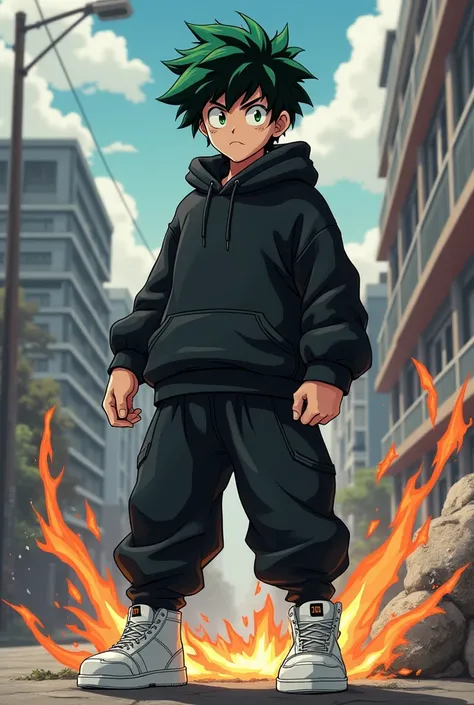 An MHA CHARACTER IN BLACK SWEATSHIRT AND BLACK JOGGERS AND WHITE  SNEAKERS USING BLACK WHIP WITH RASINGAN AND DIAMOND HEAD ABILITY 