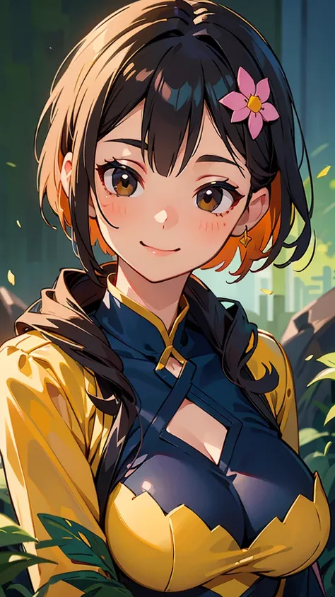  one girl、solo、 upper body close-up、Jet Black Brown Eyes 、shiny dark blue hair、Bob Hair、Orange hair ornament、smile、wallpaper、 very detailed、((( very detailedな目と顔)))、​​Best Quality、Realistic portraits、Complex clothing、 very detailed、 dynamic angle 、The most...