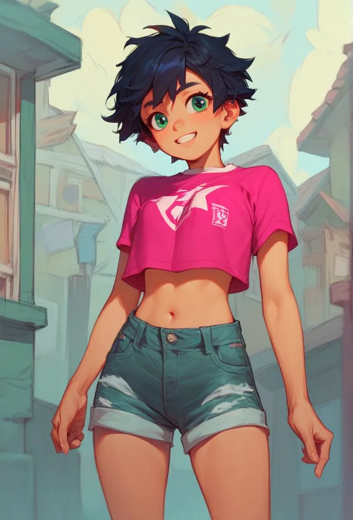 young teenager,  short black hair , green eyes. wearing pink top and pants shorts. defined abdomen