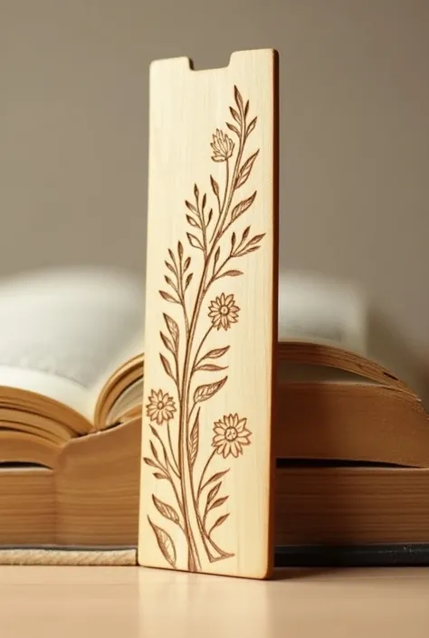 Create a modern wooden bookmark with a very thin thickness and an engraving of flowers on it.