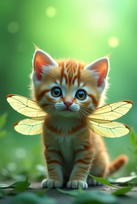 cute brown and gray kitten、Dragonfly costume、 round eyes 、Green gradient background、3d、live-action