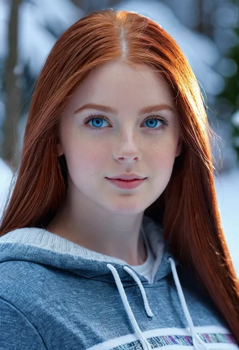 a (21 year old) American girl, long straight red hair, bright blue eyes, portrait,front view, (full body) ,garden,snow,(best quality,8k,highres,masterpiece:1.2),ultra-detailed,(realistic,photorealistic,photo-realistic:1.37),HDR,UHD,studio lighting,sharp fo...