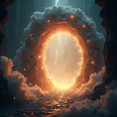 Portal to Another Dimension, illustrated with a Luminescent Particle Cascade, where glowing particles and shimmering dust create a magical, dynamic scene. enhance the ethereal quality of the particles