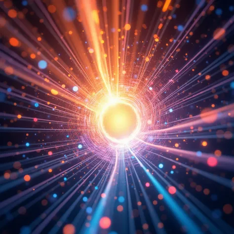 Portal to Another Dimension, A Radiant Particle Nexus illustration, where vibrant particles converge and radiate outward. Use bright and electrifying to capture the dynamic energy of the particles