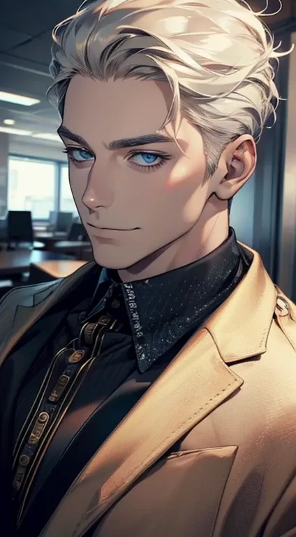 (best quality,4k,8k,highres,masterpiece:1.2),ultra-detailed,(realistic,photorealistic,photo-realistic:1.37),1 man,31 years old,mature man,very handsome,without expression,smile,short grey golden hair,blue eyes,penetrating gaze,perfect face without errors,i...