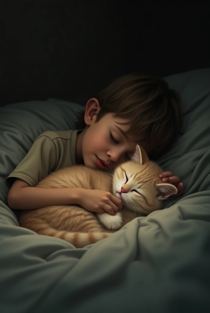 A boy sleeps with a cat