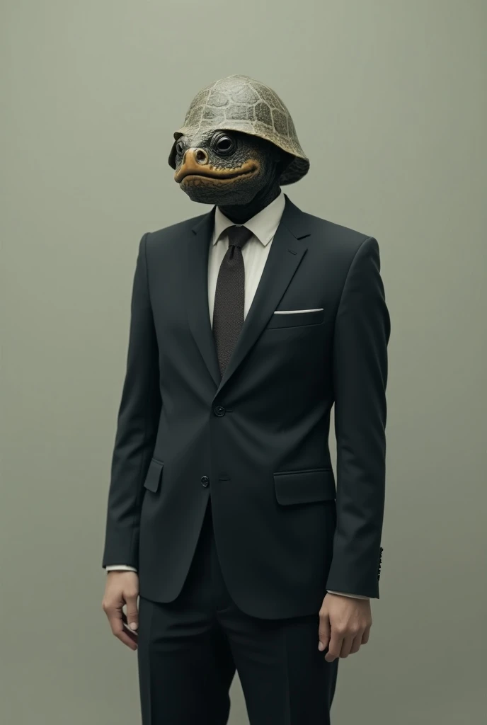 Create a person in a suit wearing a turtle mask 