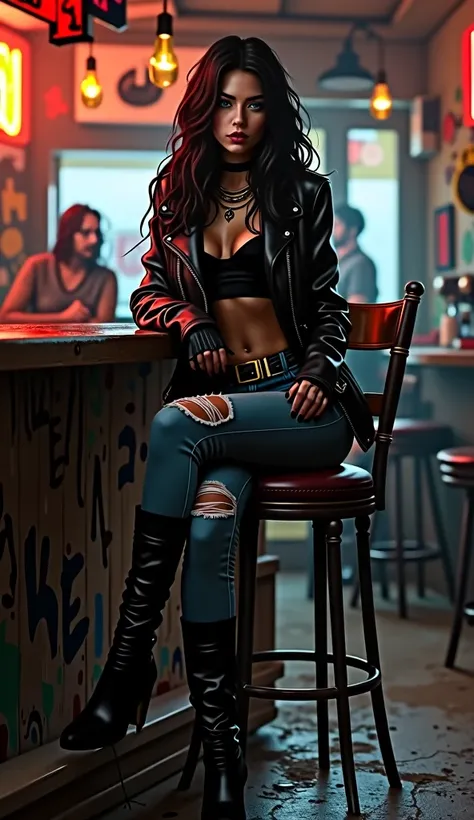 Create an image of a woman with long black hair in an edgy, alternative style. She is dressed in sensual, alternative clothing, such as a leather jacket over a fitted crop top, with ripped jeans and high-heeled boots. She sits confidently at a dimly lit ba...