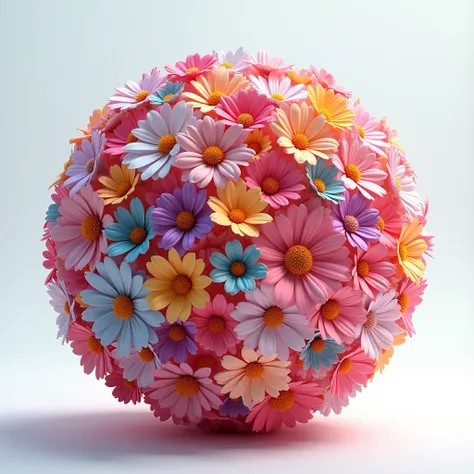 Create a 3D circle, made of hundreds of small flowers, transparent background, rainbow colors 