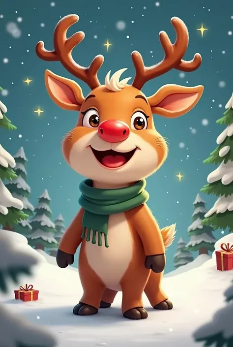 Red-nosed smiling reindeer animated 2d Christmas