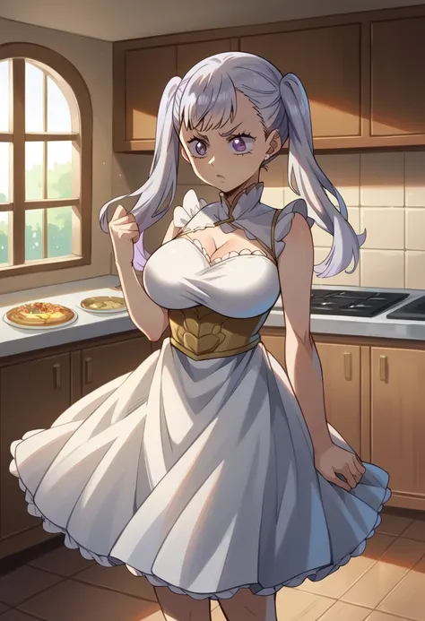  high-resolution ,  Masterpiece, precise,  Best Quality,  high-profile room, โมเดล high-resolution , background, kitchen, From the Black Clover series, Noelle silva, Double ponytail, Gray hair, Purple eyes, Pupil , Multicolored eyes,  big breasts, Insert V...