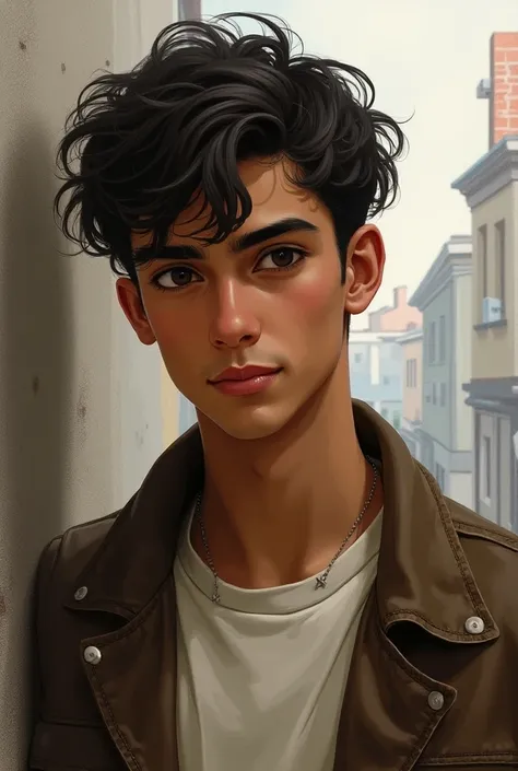  Leandro is a young man with brown skin and short curly hair , almost always messy .  He has deep brown eyes ,  that carry a certain melancholy ,  and a discreet smile that he rarely reveals .  His physical size is slender ,  and he is almost always dresse...