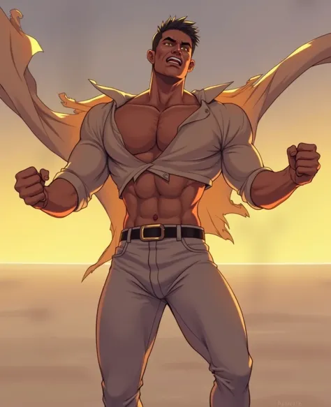 Muscular anime man tearing his shirt for being too big 