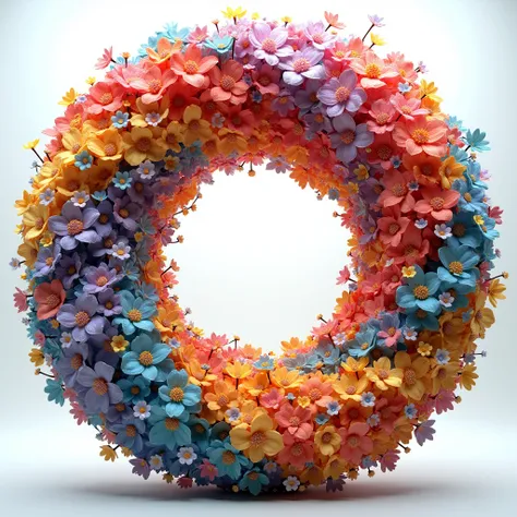 Create a 3D circular, made of hundreds of small flowers, transparent background, rainbow colors 