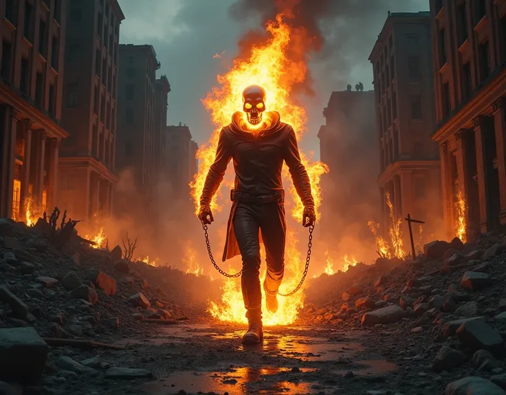 Through the ruined streets of a devastated city, Ghost Rider strides forward, his fiery skull casting an otherworldly glow across the crumbling surroundings. The street is littered with debris, cracked pavement, and twisted metal, remnants of the city’s fo...