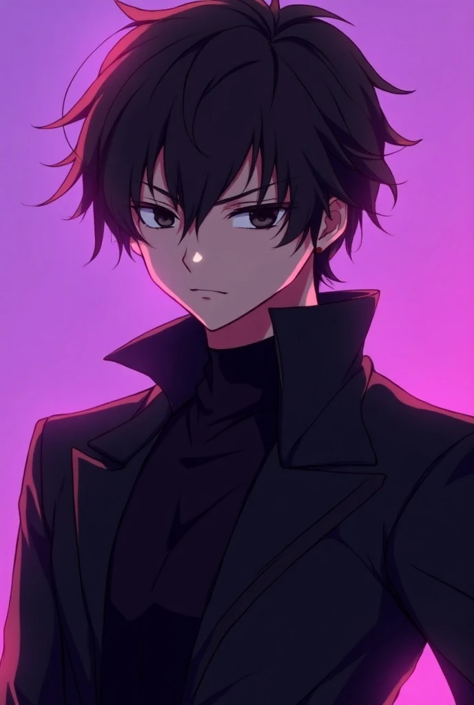 Create anime-style male character with dark brown hair black eyes with black swag-style clothes on a purple background for a YouTube avatar 