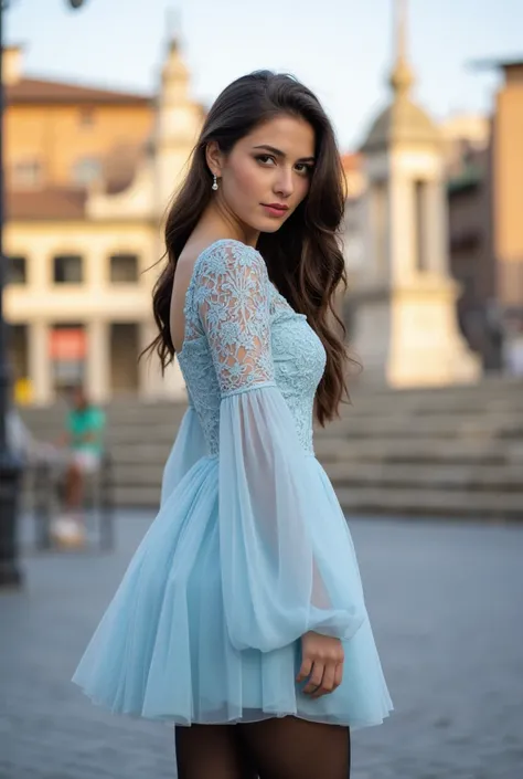  Realistic photo of a beautiful 23-year-old brunette woman . She is wearing a knee-length light blue tulle dress with lace sleeves,  black pantyhose ,  ponytail .  brown eyes. beautiful figure. The young woman is standing in a square in Rome . nice weather