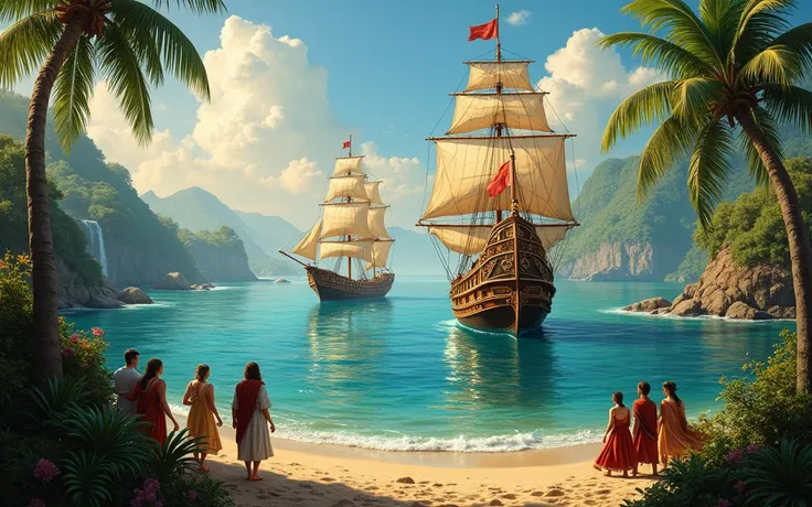 a detailed painting of caravels sailing between paradisiacal islands, with people observing from the shore, intricate ship designs, warm tropical colors, dramatic lighting, photorealistic, cinematic composition, vibrant colors, atmospheric haze, highly det...