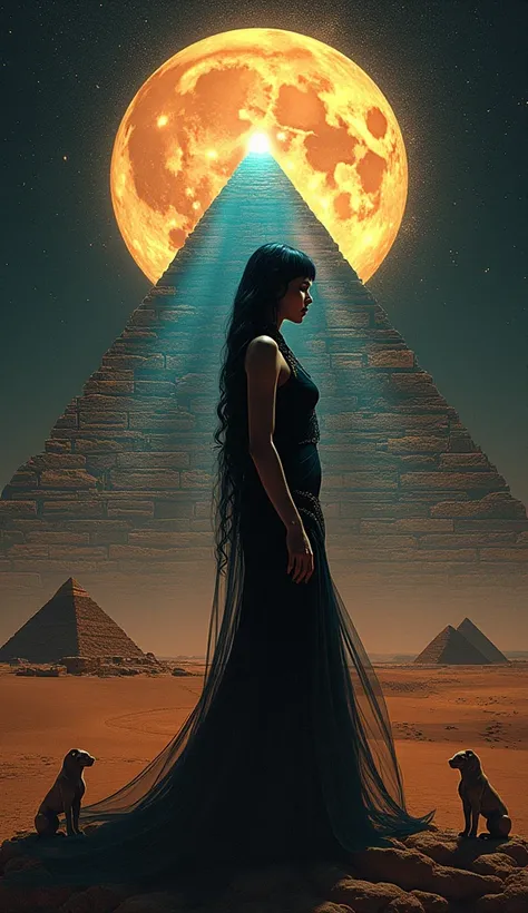 a mysterious female silhouette,Cleopatra queen of Egypt portrait,radiant light ray,pyramid prism,pyramids of Giza,refracting rainbow colors,dark side of the moon,queen silhouette,lion, guardians, alluring enigmatic charm,double exposure,surreal imagery,geo...