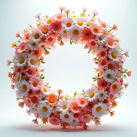 Create a 3D circular, made of hundreds of small flowers, transparent background