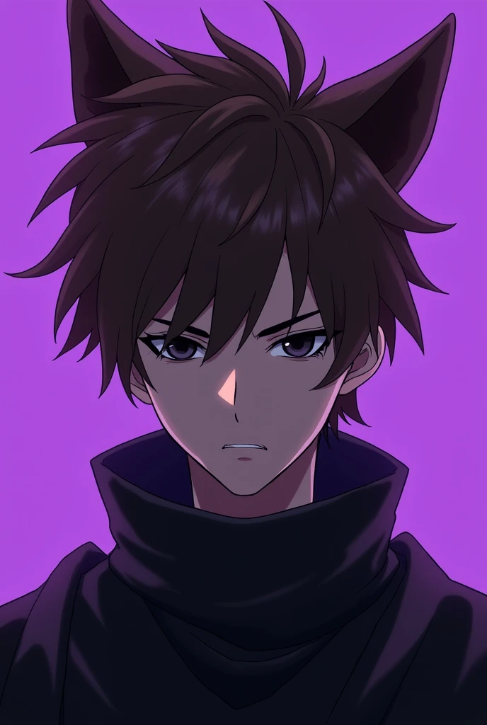 Create anime-style male character with brown hair and a wolf-cut haircut dark black eyes with black streetstyle clothes on a purple background for a YouTube avatar 