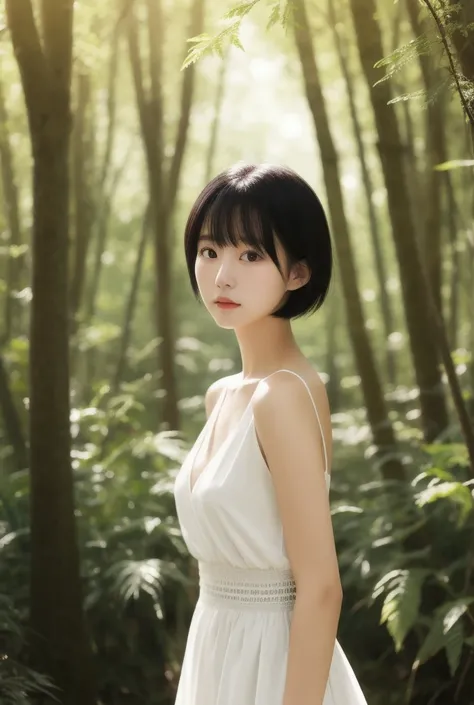  Japanese、beautiful girl、Fair skin、 fine skin 、ennui、Lonely、 From Head to Feet 、 short bob、Black Hair、 White Dress 、In the forest、 sunlight filtering through the trees、 real、 Impressive Light Production、Pale Light、 high definition,  high detail,  very deta...