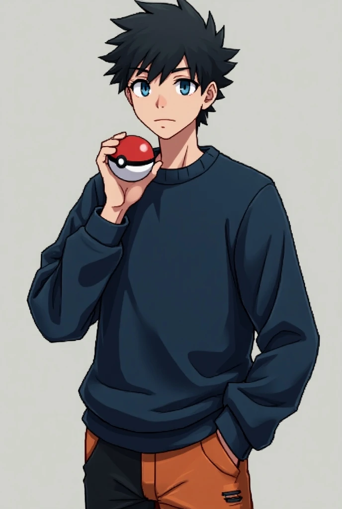 Pixel art of a dark-haired boy with blue eyes 
Young adult aged 25 
Are you holding a Pokébola 
And she wears a navy blue sweatshirt with orange and black pants with some rips.
