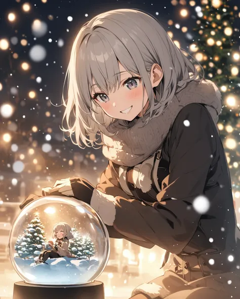  one gray-haired girl looking at the snow globe、 medium hair、smile、 muffler 